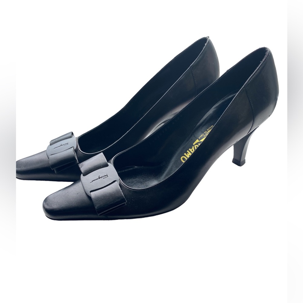 Salvatore Ferragamo Bow Leather Black Womens High Heels Pumps 8.5 8 1/2 9.5 toe